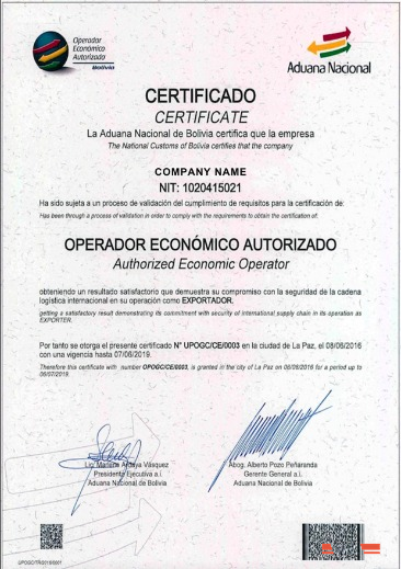 Bolivia Certificate of Registration